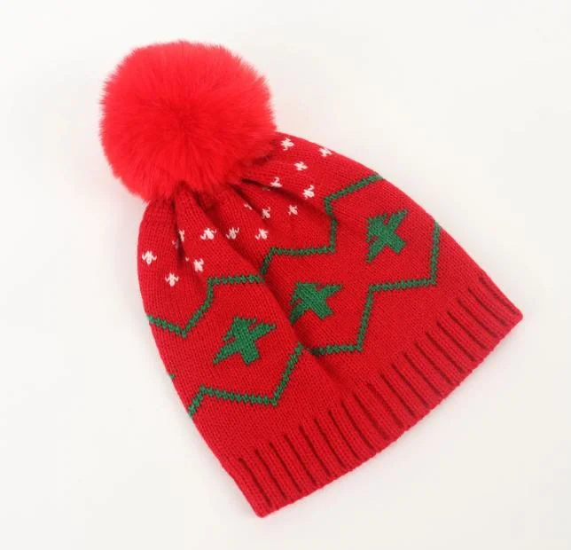 Wholesale/Supplier Warm Winter Hat Christmas Tree Children's Warm Wool POM Jacquard Knitted Skull Hat Beanie Cap Elastic