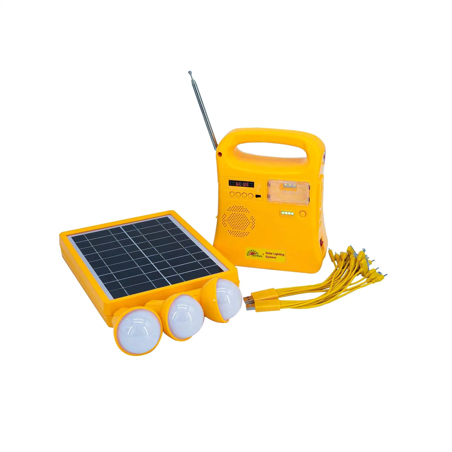 10W Kits de panneaux solaires pour l'éclairage intérieur et extérieur Multifonctionnel avec ampoules / Radio FM / Lecteur MP3 / Bluetooth / Chargeur mobile (6,4V / 6000mAh Batterie LiFePO4)