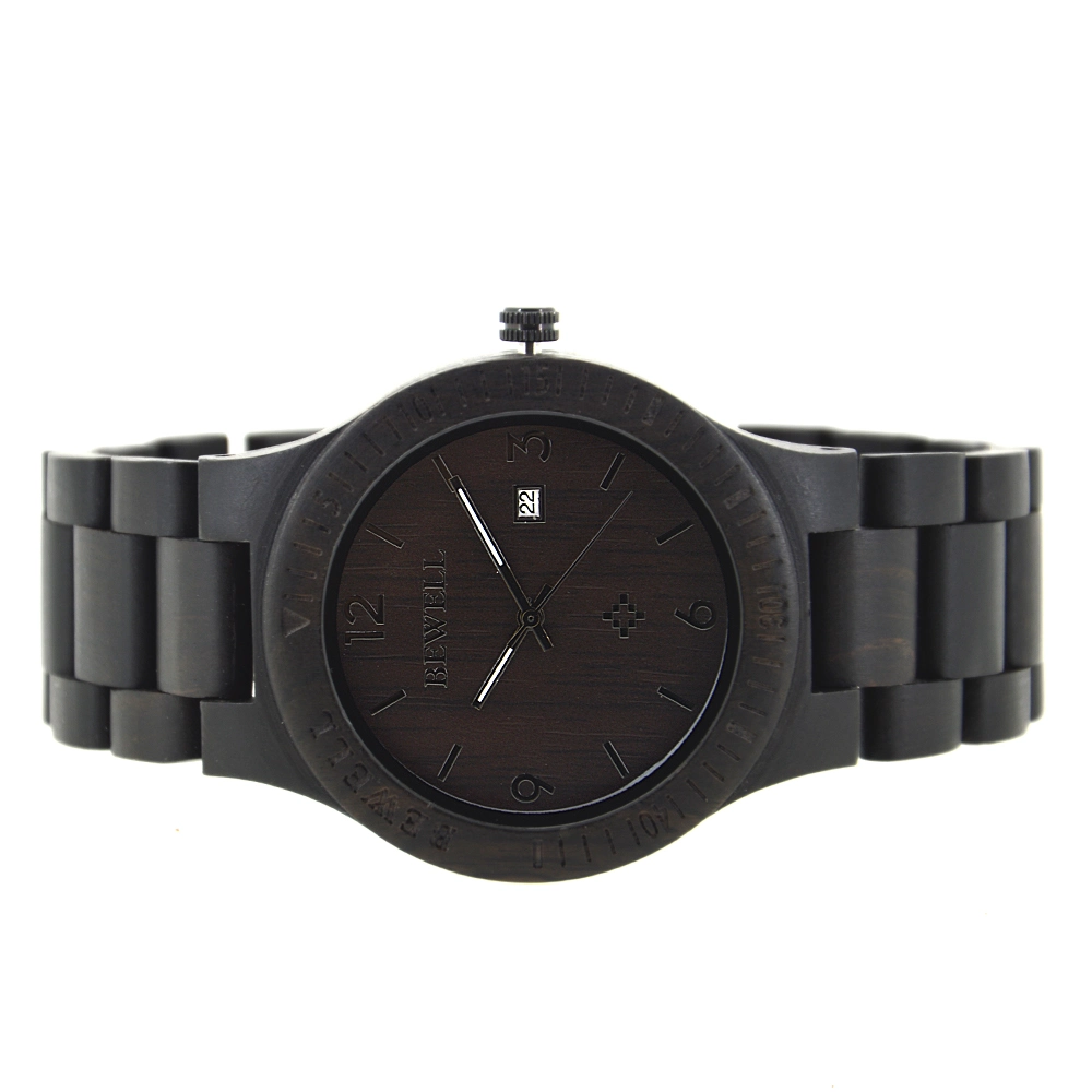 La moda al por mayor ancho negro reloj de pulsera de cuarzo de madera