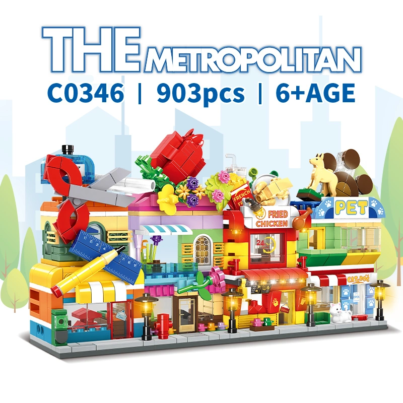 Woma Toys C0346 Moc City Metropolitan Interest Modern Stationer Flower Shop Fried Chicken Pet Building Block Set Chain-Store Style Construction Toy