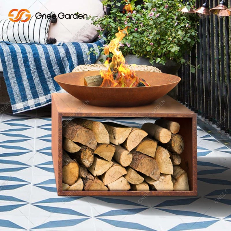 Rusty Surface Corten Steel Fire Pit with Woodstorage