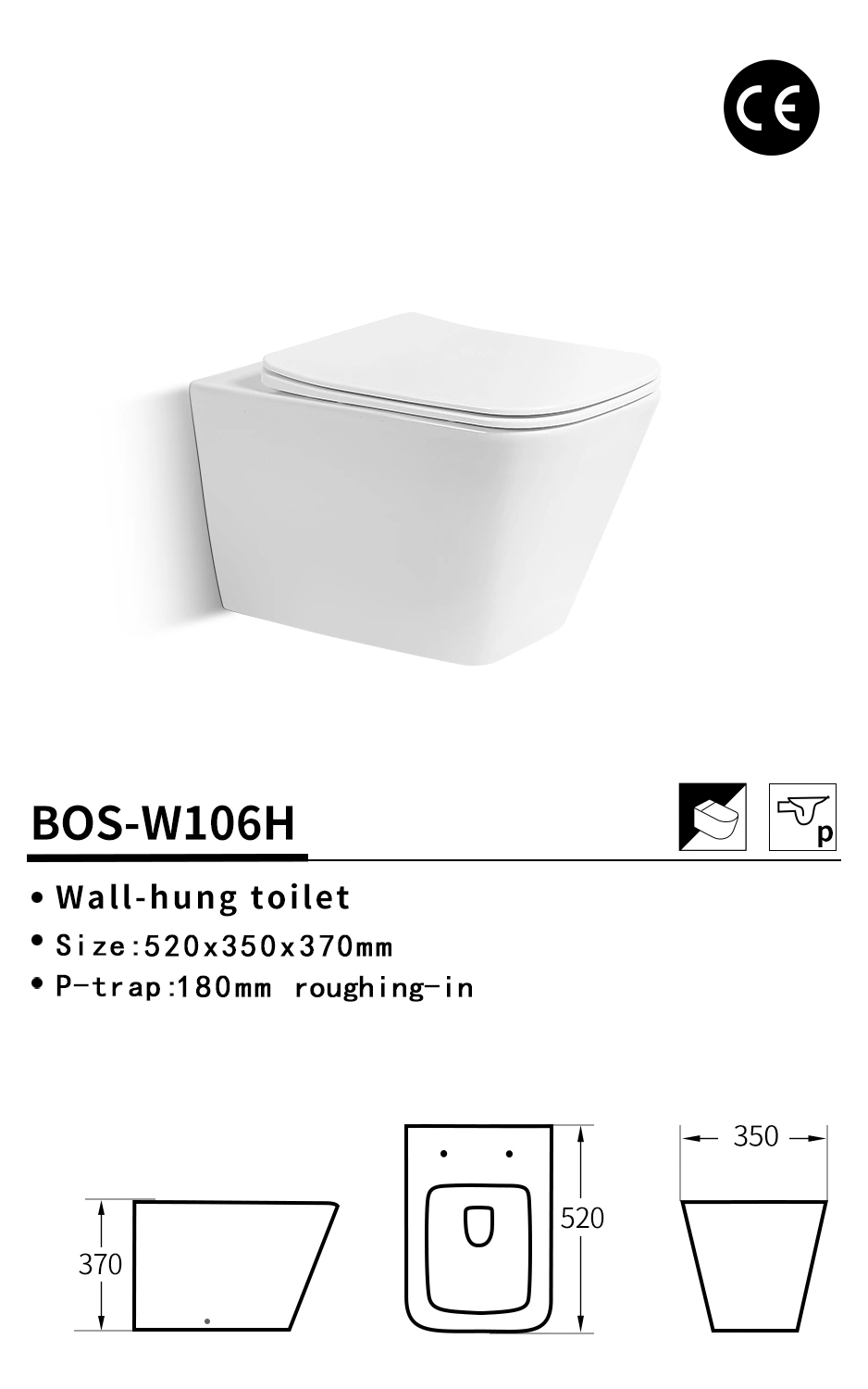 Ceramic Wall Hung Toilet Space-Saving Design Bathroom Easy-Cleaning