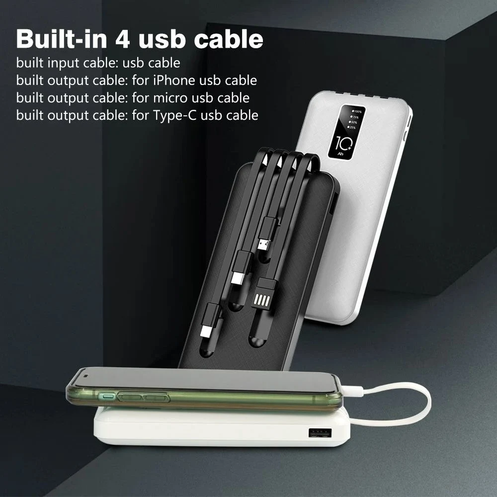 Four in One Charger, Built-in Micro USB/Type-C/Lighting/USB, Portable Mobile Power Supply of 10000mAh, Fast Charging