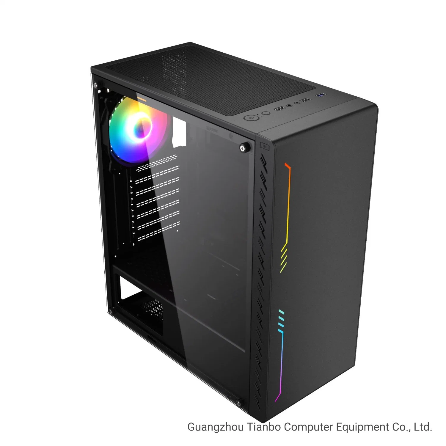 China OEM delantera de la caja de PC con placa de metal y tira de RGB de ordenador ATX