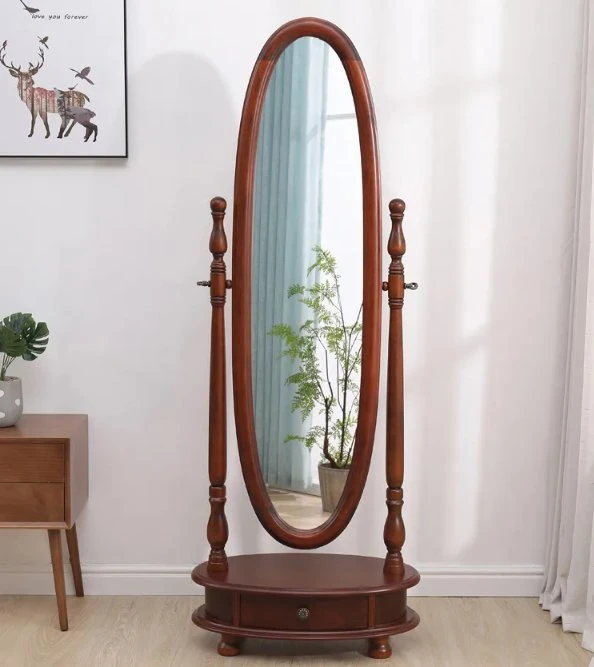 Antique Large Solid Wood Handmade Floor Free Standing Oval Full Length Tilting Cheval Adjustable Mirror