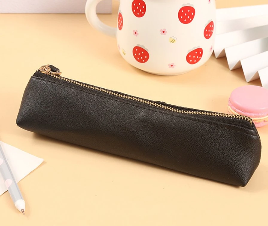 Plain Color PU Student Pencil Case Zipper Stationery Pouch Pen Bags