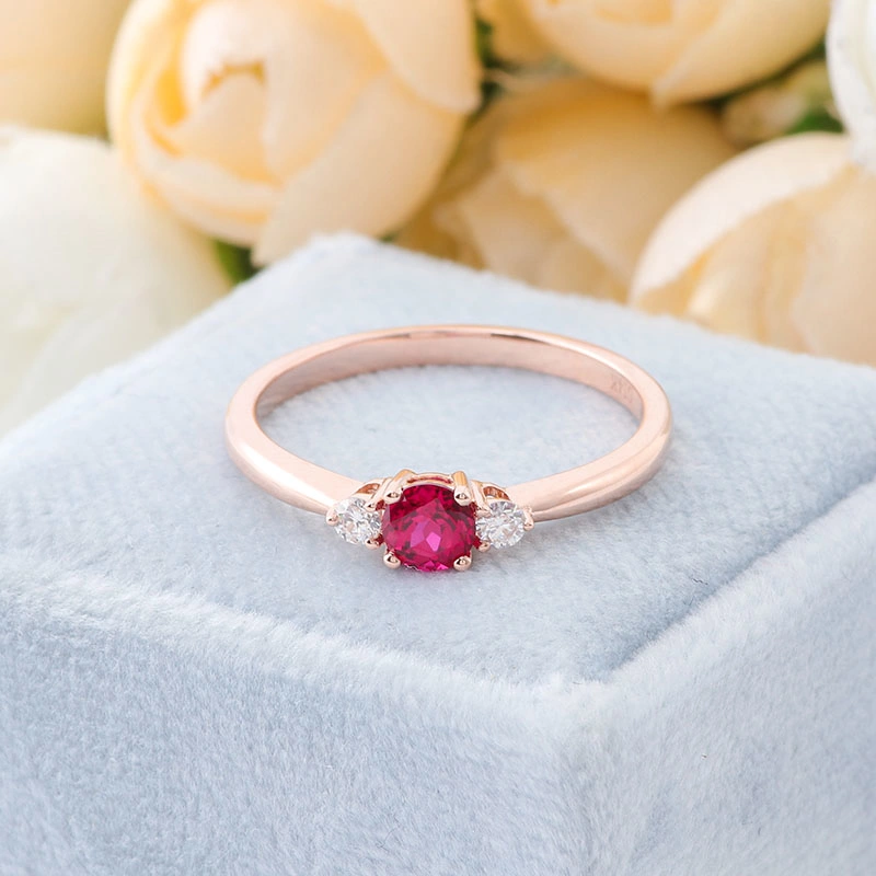 Fine Jewelry Simple Three Stone Ring 4mm Ruby and Def Round Moissanite Ring Wedding Rings 14K Gold Jewelry Gift for Girlfriend