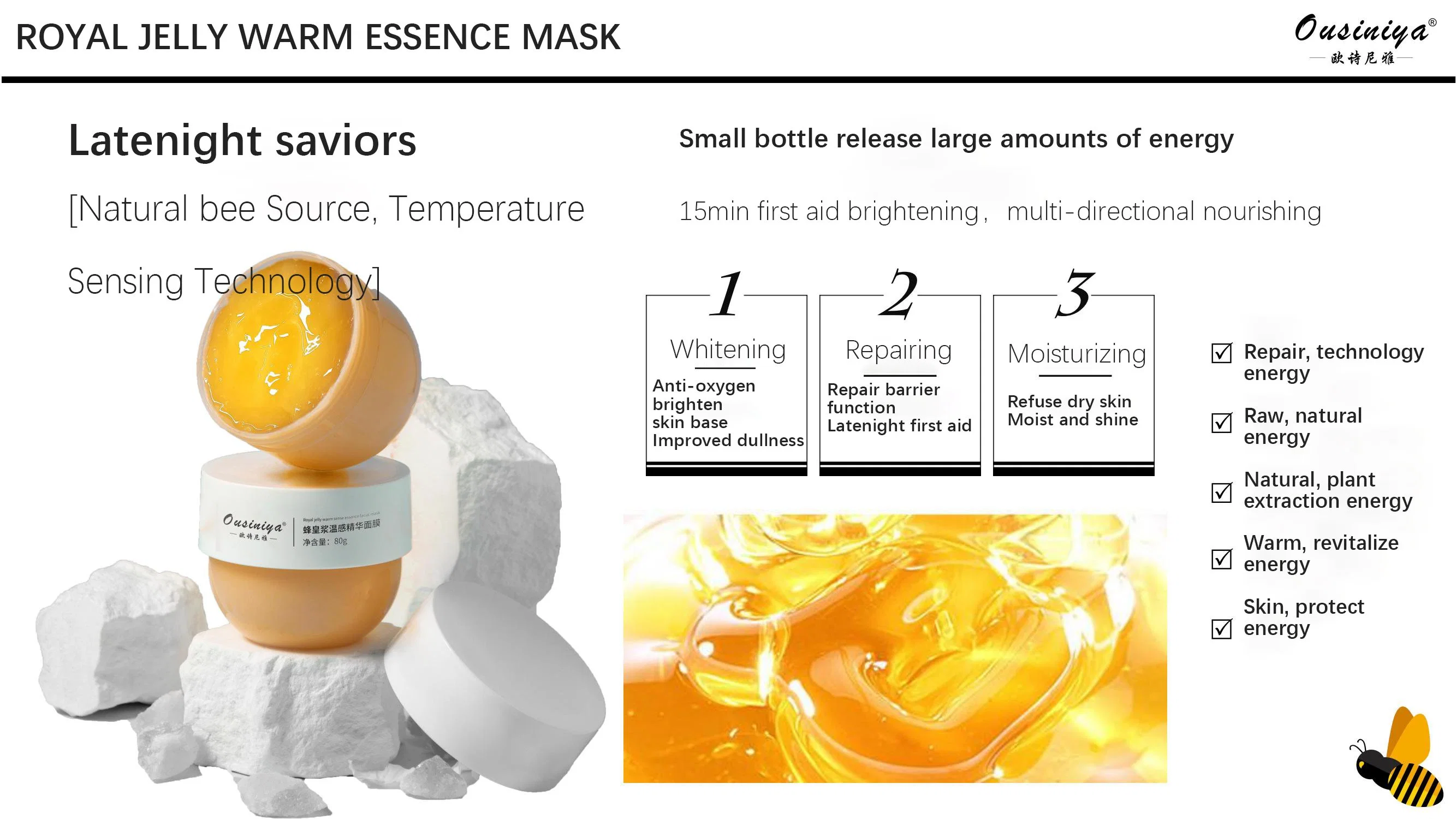 Masque facial d'avivage La gelée royale masque essentiellement la réparation de la peau chaude OEM