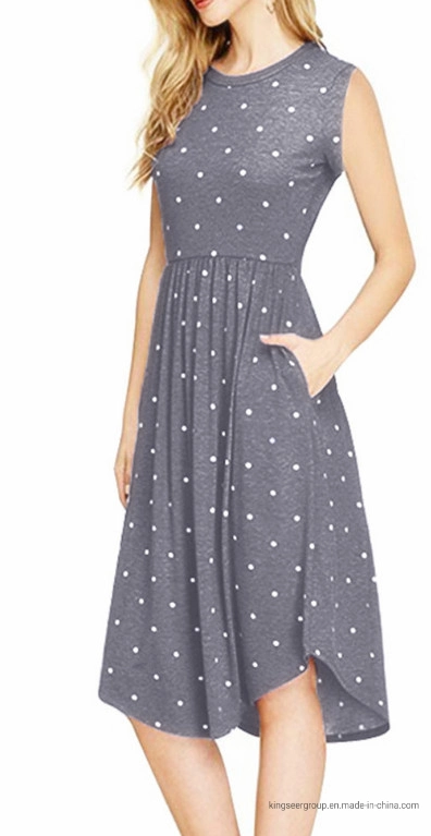 Fashion Hot Sale Lady Skirt Printing Dots Round Neck Casual Women Long Dress