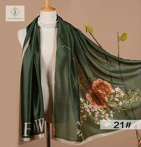 Hot Sale Lady Fashion Satin Silk Scarf with Flower Printed