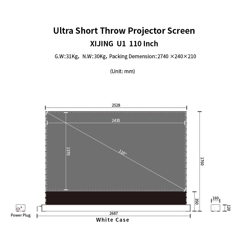 Xijing U1 Projector Screen 110 Inch Movie Projector Screen 16: 9 Foldable and Portable Anti-Crease Indoor Outdoor Projection Screen