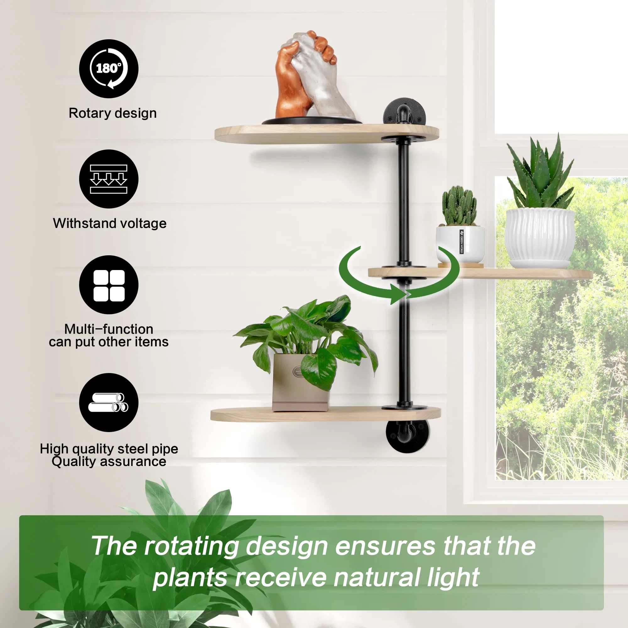 Rotating Window Plant Shelves Light-Exposure Wooden Shelf 3 Tier Stylish Flower Stand