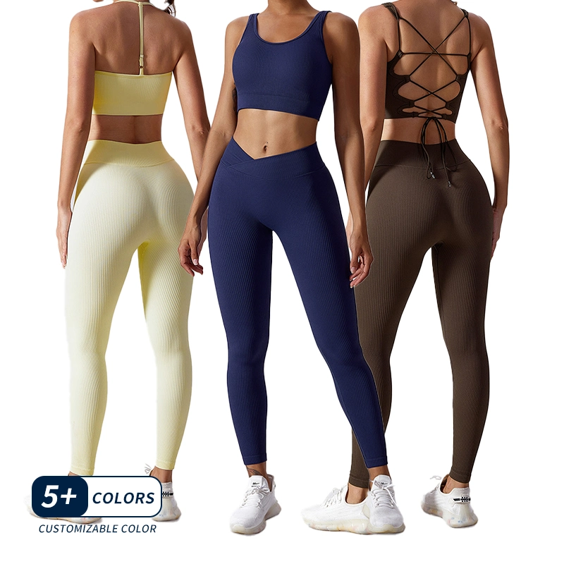 Großhandel OEM / ODM Frauen 2 Stück Leggings + BH Bekleidung Kleidung Rib Yoga Set Gym Workout Fitness Aktive Sport Sets