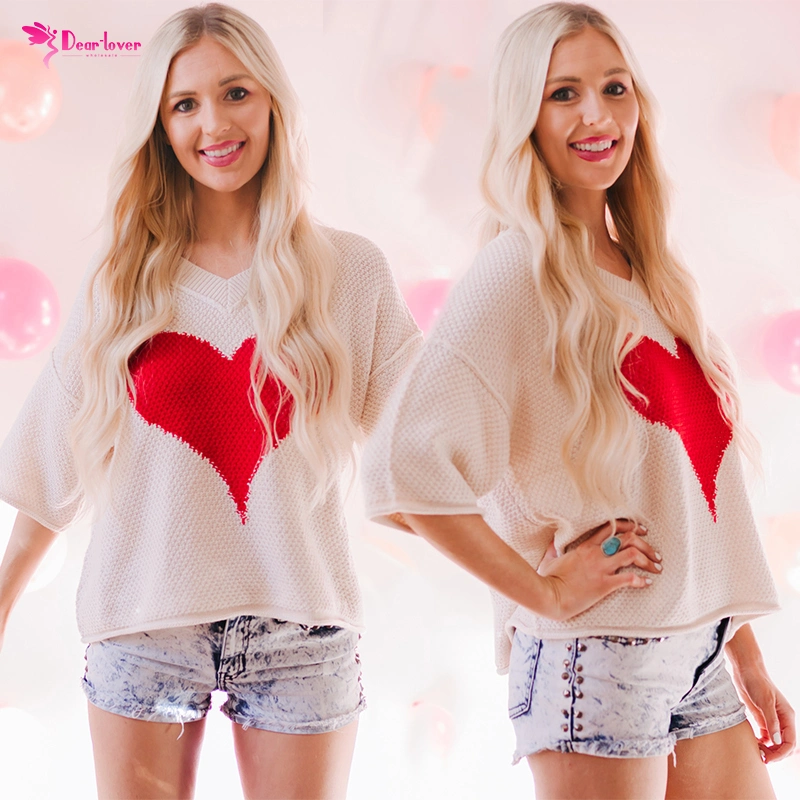 Dear-Lover Wholesale/Supplier Valentine&prime; S Day Coton Tshirt Beige V-Neck Dropped Sleeve Heart Print Slouchy Shift Knitted Graphic Women Clothing Tee Shirt