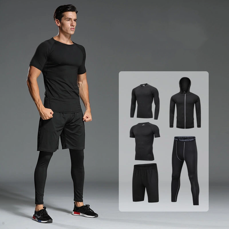 Wholesale Men's Sports Top T Shirt Coat and Shorts Fitness Pants 5 Pieces Set Quick Dry Tights Breathable Sweat Absorbing Training Tracksuit