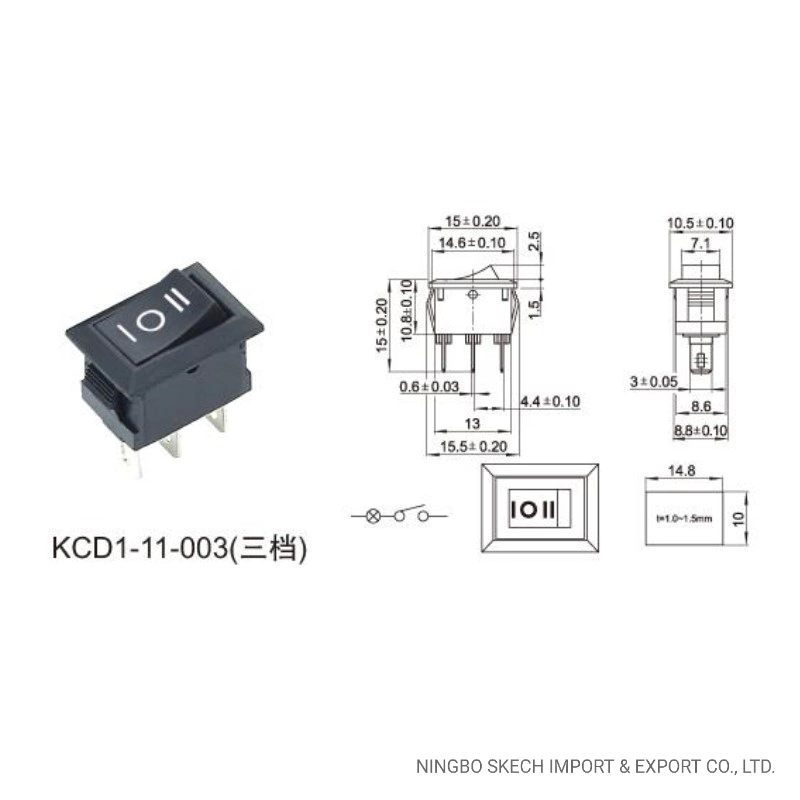 Interruptor de botón pulsador de conexión rápida de terminal de montaje en panel Interruptor 3A/6A SPDT on-OFF-on para control de potencia (KCD1-11-003)