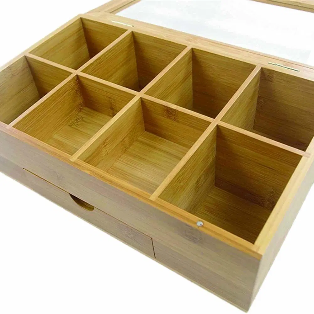 Wood Bamboo Tea Storage Bag Box Organizer Holder Sorter Box Compartments with Clear Lid Bb-7103