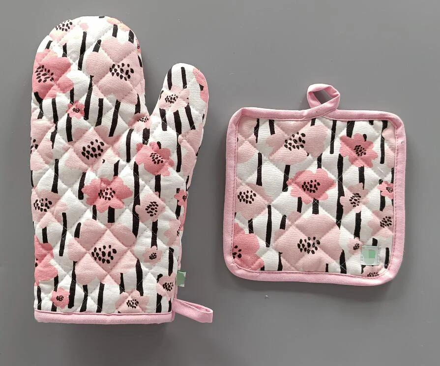 Hot Sale Polyester Digital Printing Pink Flowers Kitchen Textile Oven Mitt and Pot Holder Kitchen Set Used for Backing