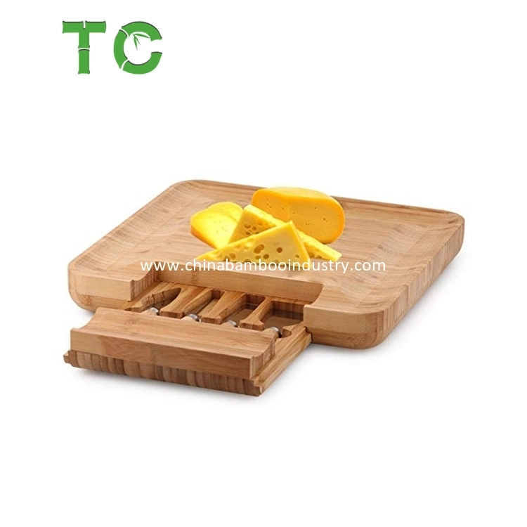 Eco-Friendly Bamboo Cheese Board Set with Cutlery in Slide-out Drawer