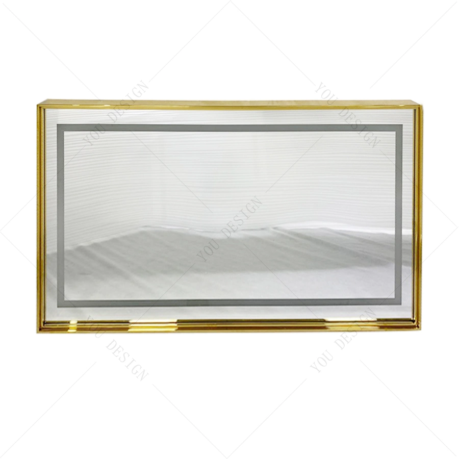 Luxury Bathroom Rectangular Gold Stainless Steel Frame LED Wall Mirror with Lights