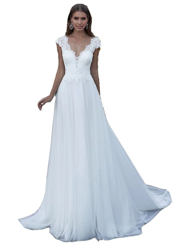 Sleeveless Tulle Bridal Gowns White Lace V-Neckline Wedding Dresses Z8052