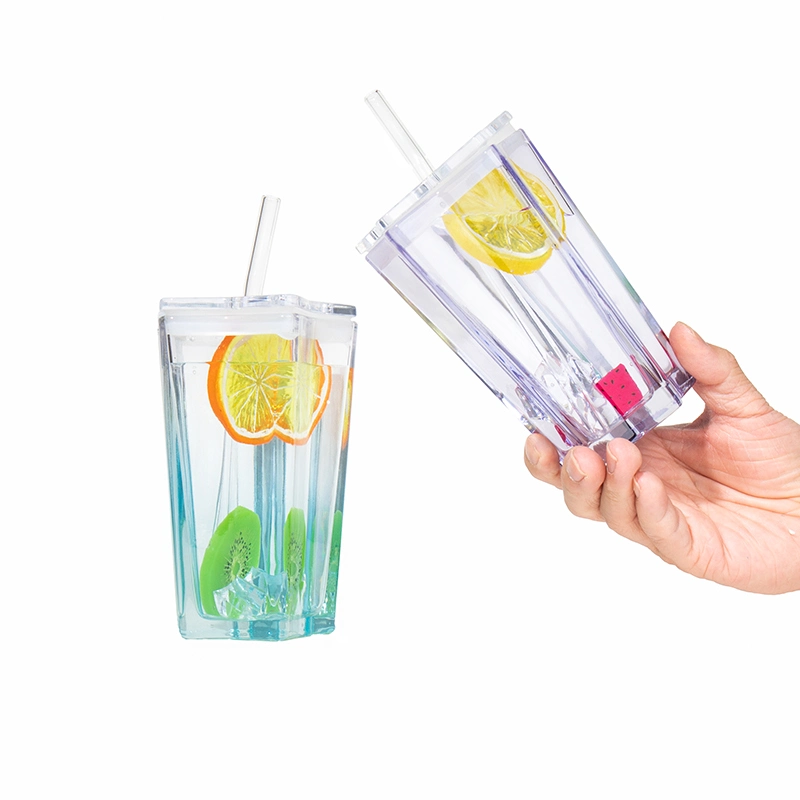 New Design 300ml Glass Midsummer Star Water Cup Five-Pointed Star Drinking Juice Water Bottle with Straw