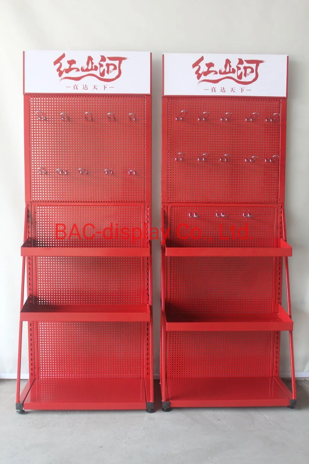 Red Powder Coated Pegboard Metal Advertising Display with Hooks and Shelves