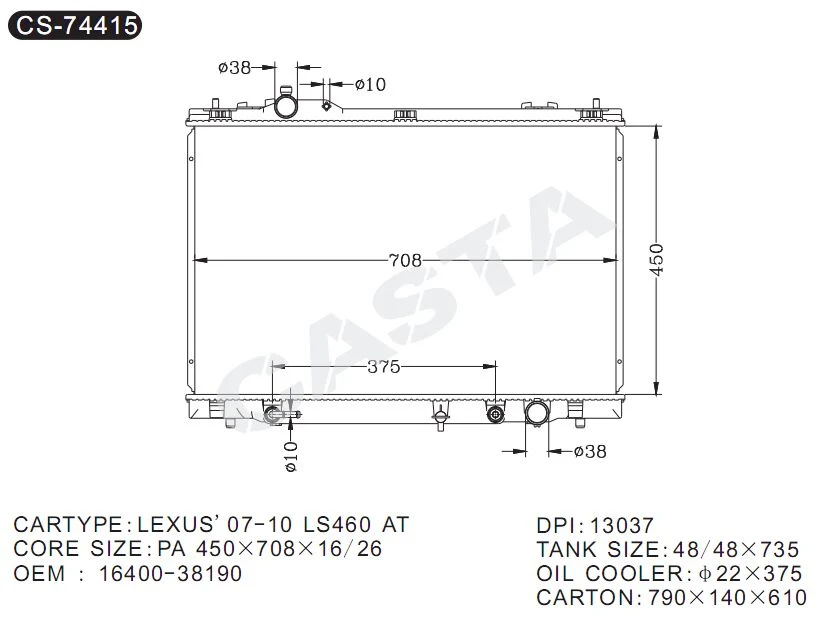 OEM: 16400-38190 adequados para a Toyota Lexus'07-10 LS460: 13037 dpi do radiador de alumínio