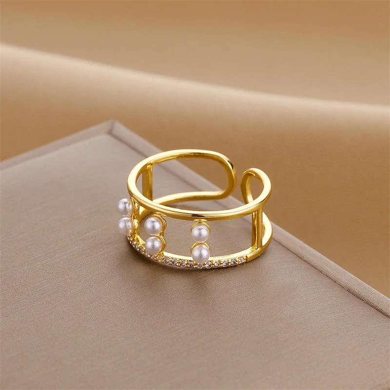 Korean Pearl Multi-Layer Ring Geometric Crown Four Leaf Clover Ring