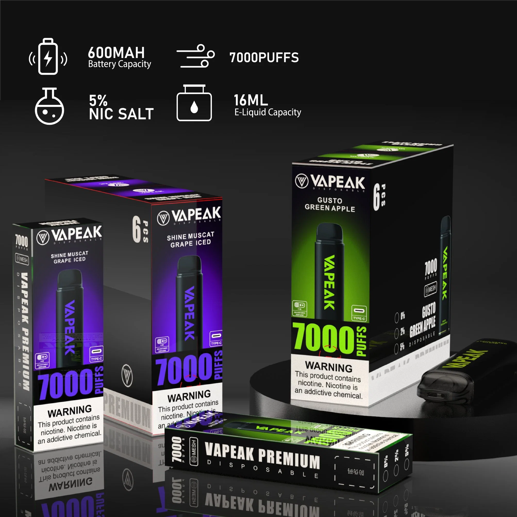 Puff 7000 Original Vapeak Vape Vaporizador descartáveis de fluxo ajustável