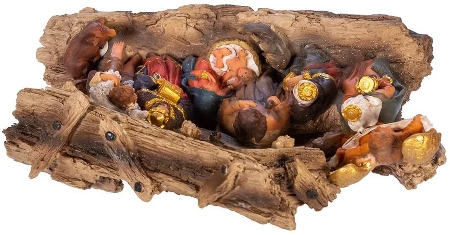 Resin Multi Wood Carved Nativity Set with Crib Sculpture Decoration