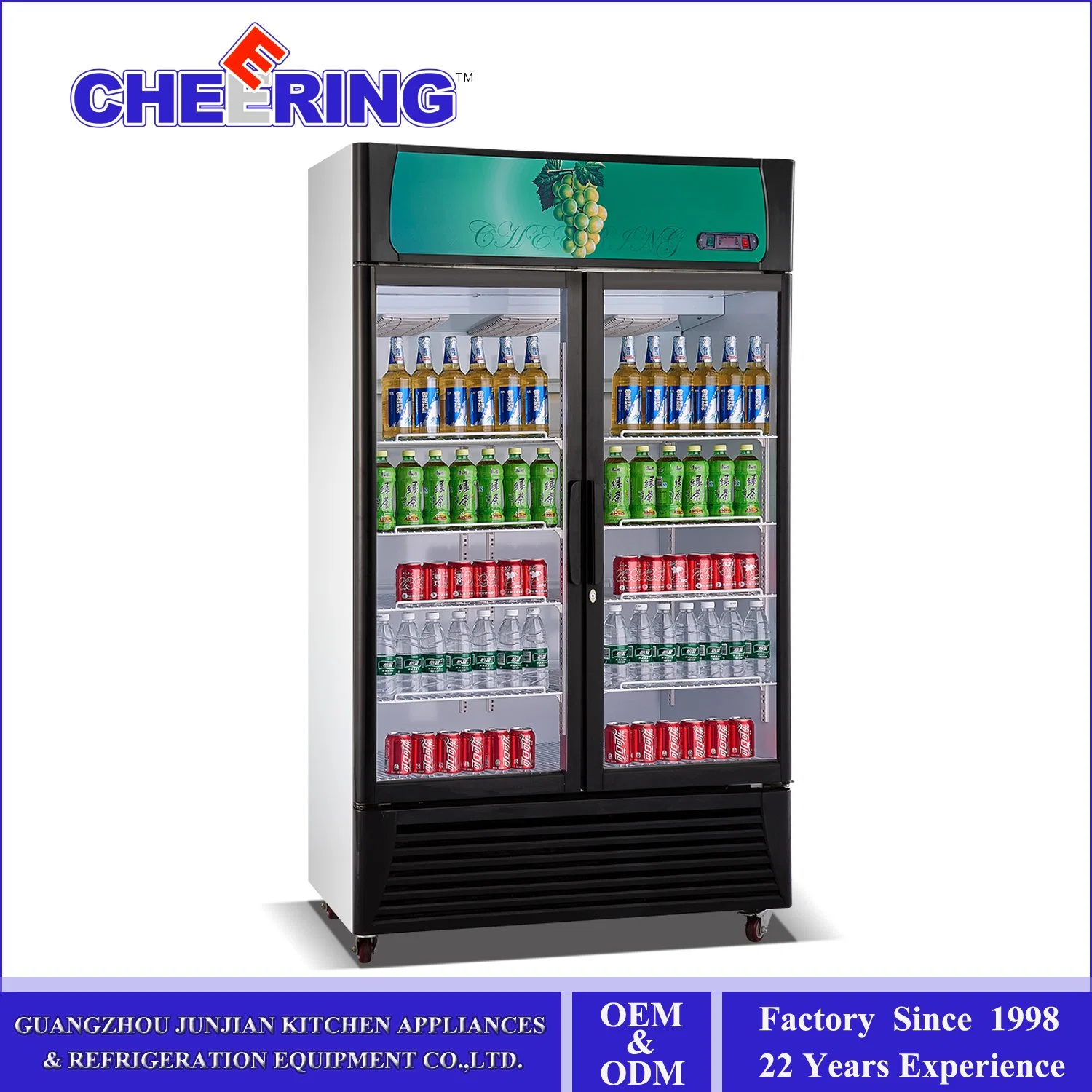 Junjian Cheering Double Sliding Door Commercial Upright Display Showcase Cooler for Beverage Stock