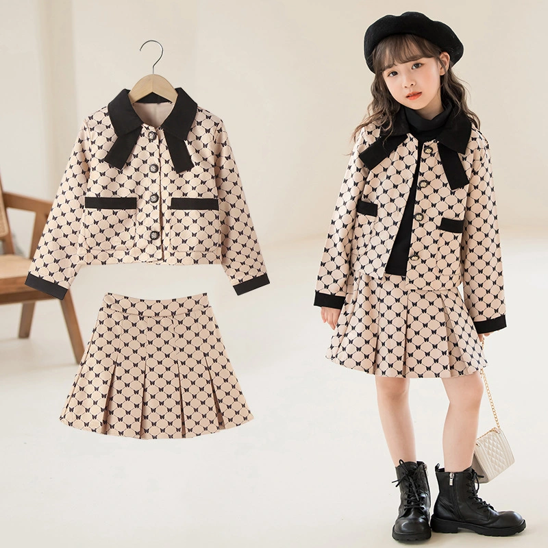 Wholesale/Supplier Fashion Girl&prime; S Suits Lapel Jacket Pleated Skirt 2PCS Sets Full Printed Children&prime; S Apparel Spring Autumn New Design Girl&prime; S Suit