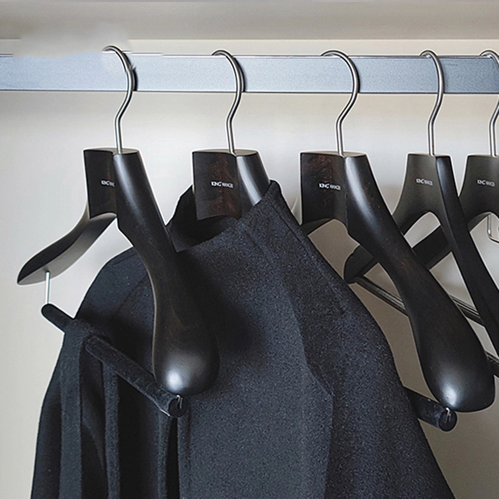 Elegant Custom Shaped Wooden Adult Clothes Hangers in Smooth Matt/Glossy Black Finish with Velvet Flocking Bar for Men&Lady Luxury Coat/Shirt/Suit/Jacket