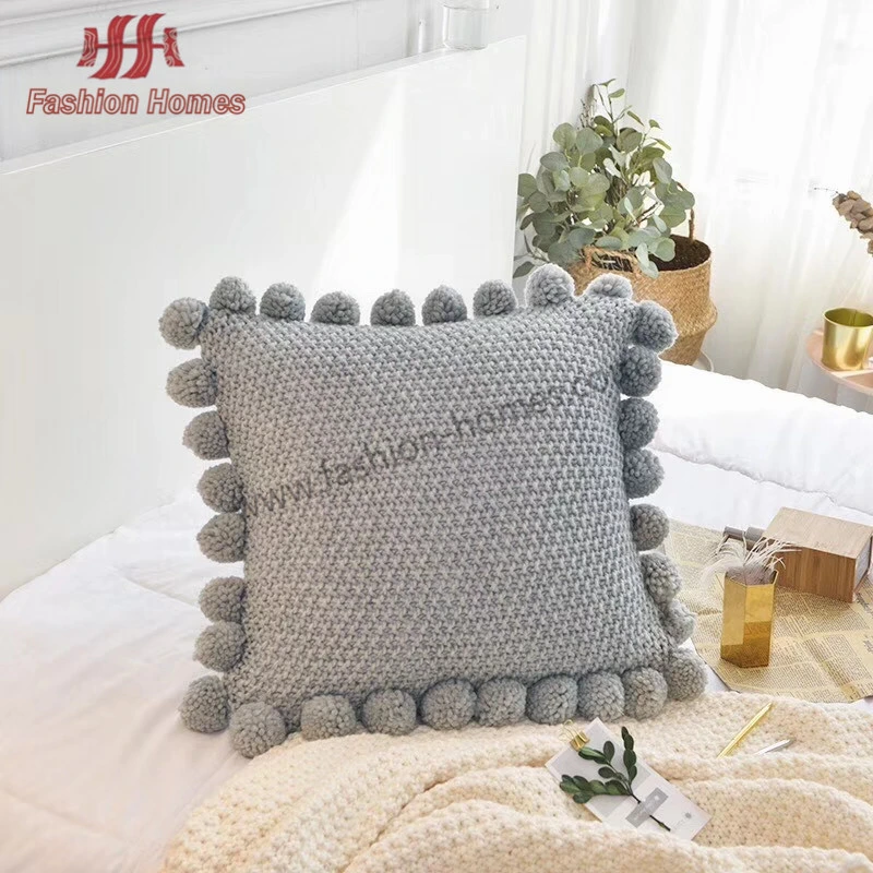 100% Acrylic Knitted Cushion Cover with POM POM