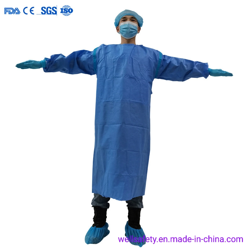 На заводе прямой продажи AAMI уровня 3 одноразовые SMS синий хирургических платье вязаные манжеты с Скотч 45g больницы специальной изоляции платье Anti-Liquid кровь en1412