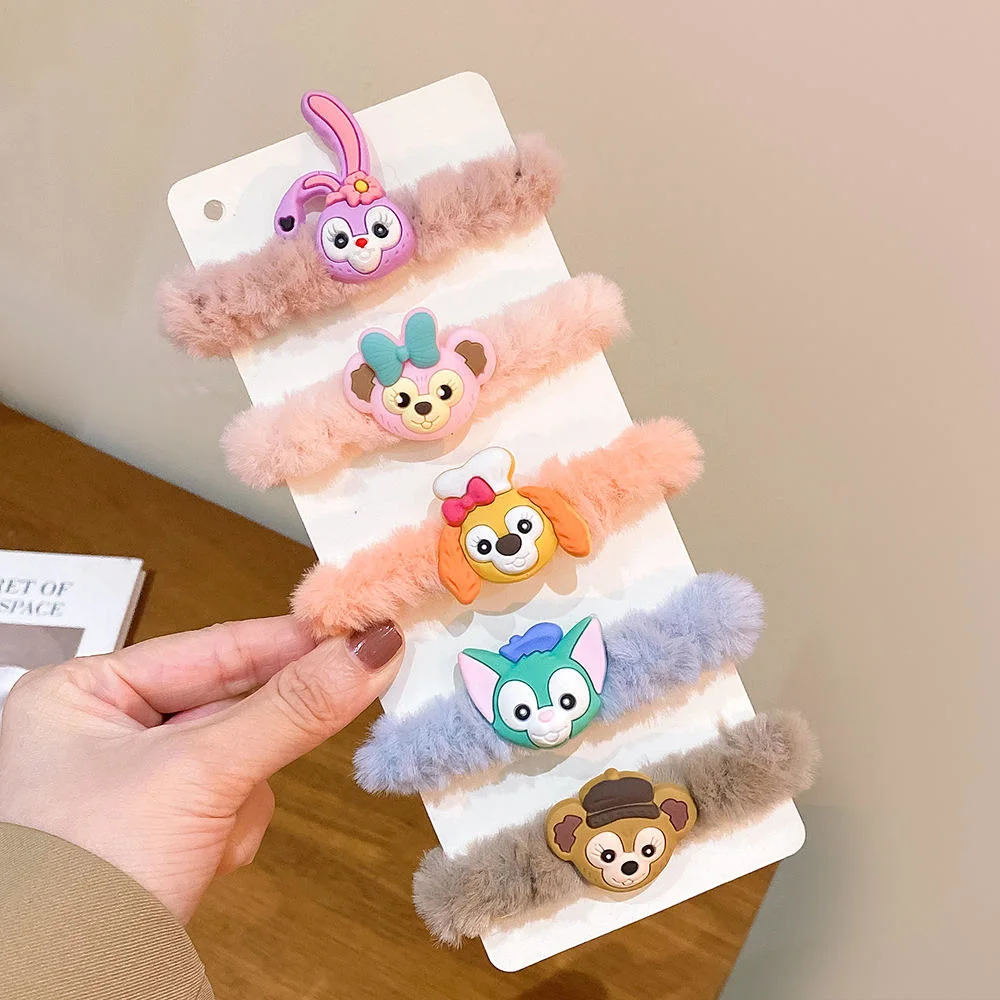 5PCS/Set Fluffy Plush Hair Tie Rubber Band Cute Anime Hair Ring Kids Cartoon Head Rope Set Girls Children Hair Rope Scrunchies