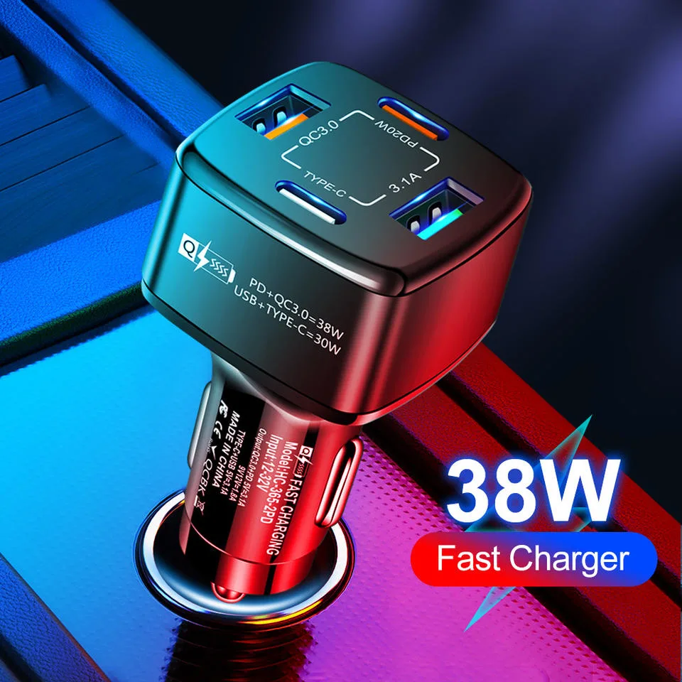 Fast Charging Cigarette Lighter Adapter 4 USB Port Fast Electric Car Charger for Mobile Phones