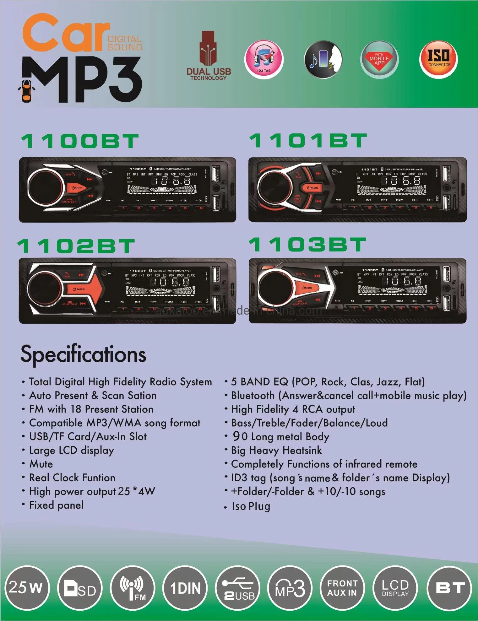 Touch Button Car Audio MP3 Player with Bluetooth ISO FM