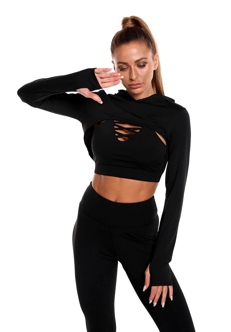 3 PCS Sports Fitness Seamless Yoga Sets Workout Top Long Sleeve with Hoodie Women Set