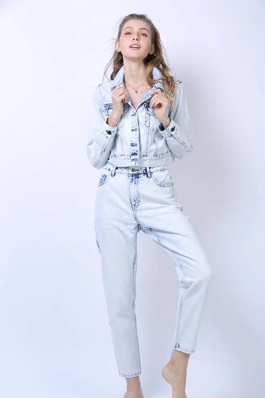 La nueva moda ropa mujer OEM ODM&amp;Color blanqueada chaquetas cortas con el nivel de la cintura y mangas largas señoras Denim Jeans trajes