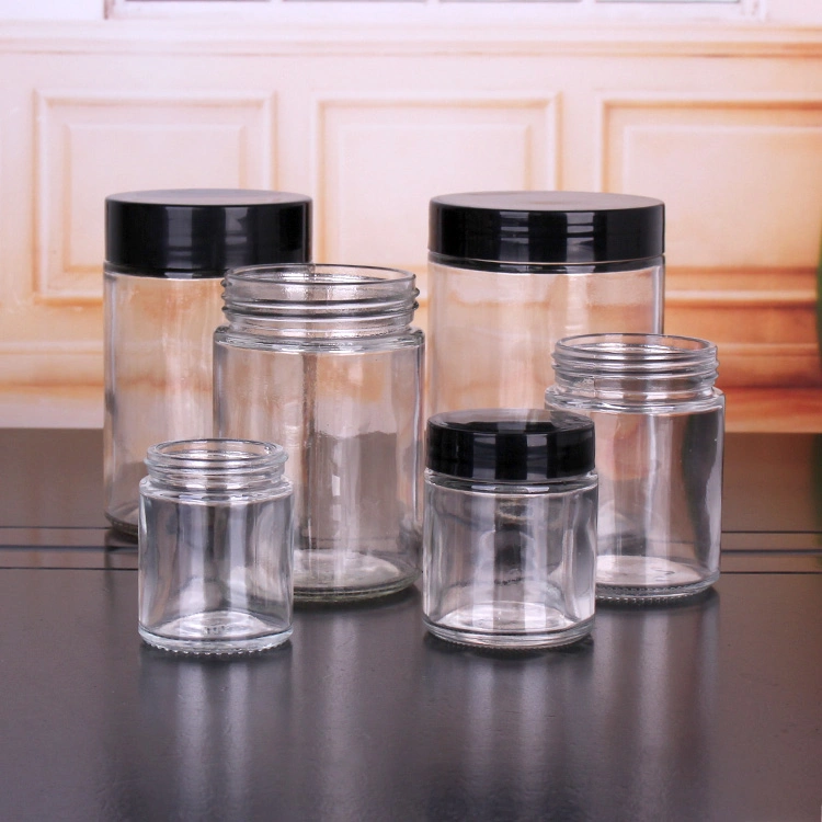 32oz 16oz 12oz 8oz 6oz 4oz 3oz 2oz 1oz Cylinder Transparent Storage Honey Spice Glass Jars with Black Screw Plastic Caps