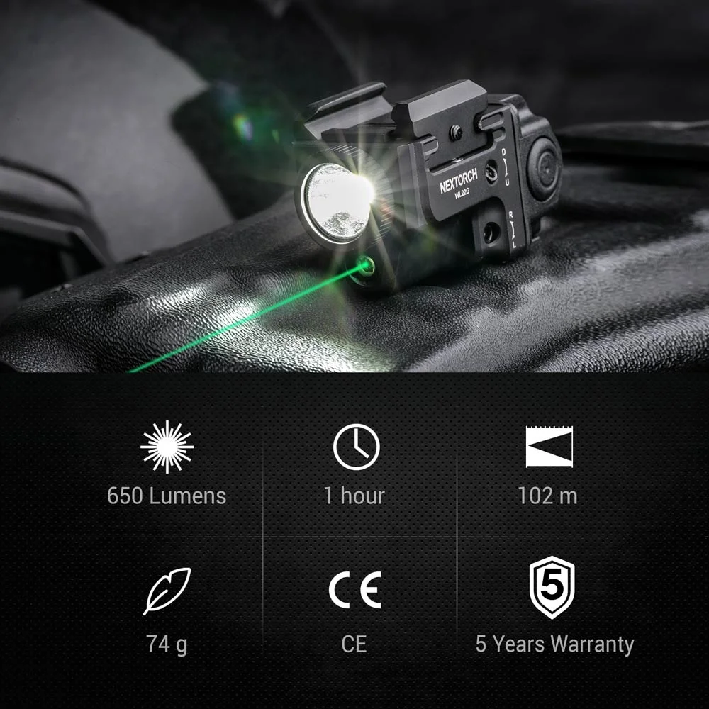 650 lm de lumière Sub-Compact arme rechargeable avec Pointeur Laser Vert de la vue de lampe de poche