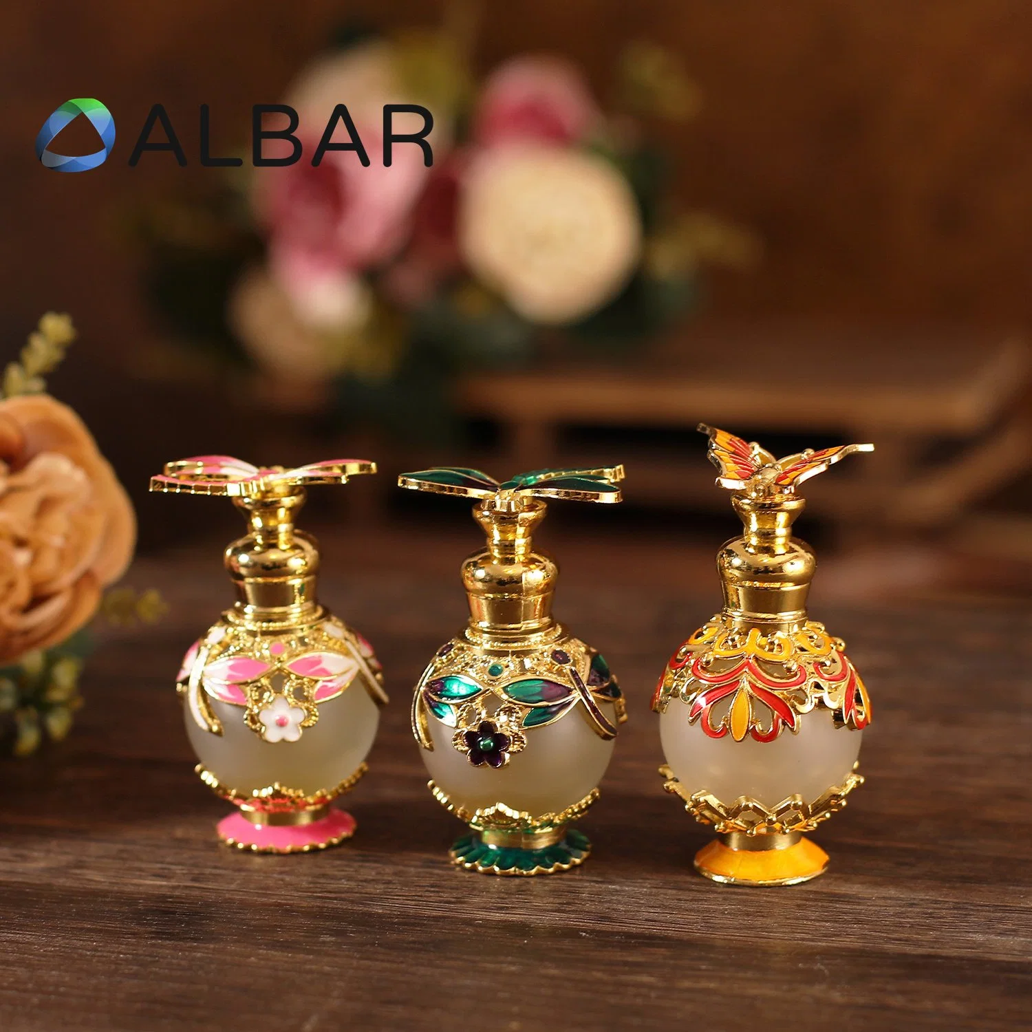 Butterfly High Base Metal Bottom Zamac Perfume Bottles with Round Glass Jar