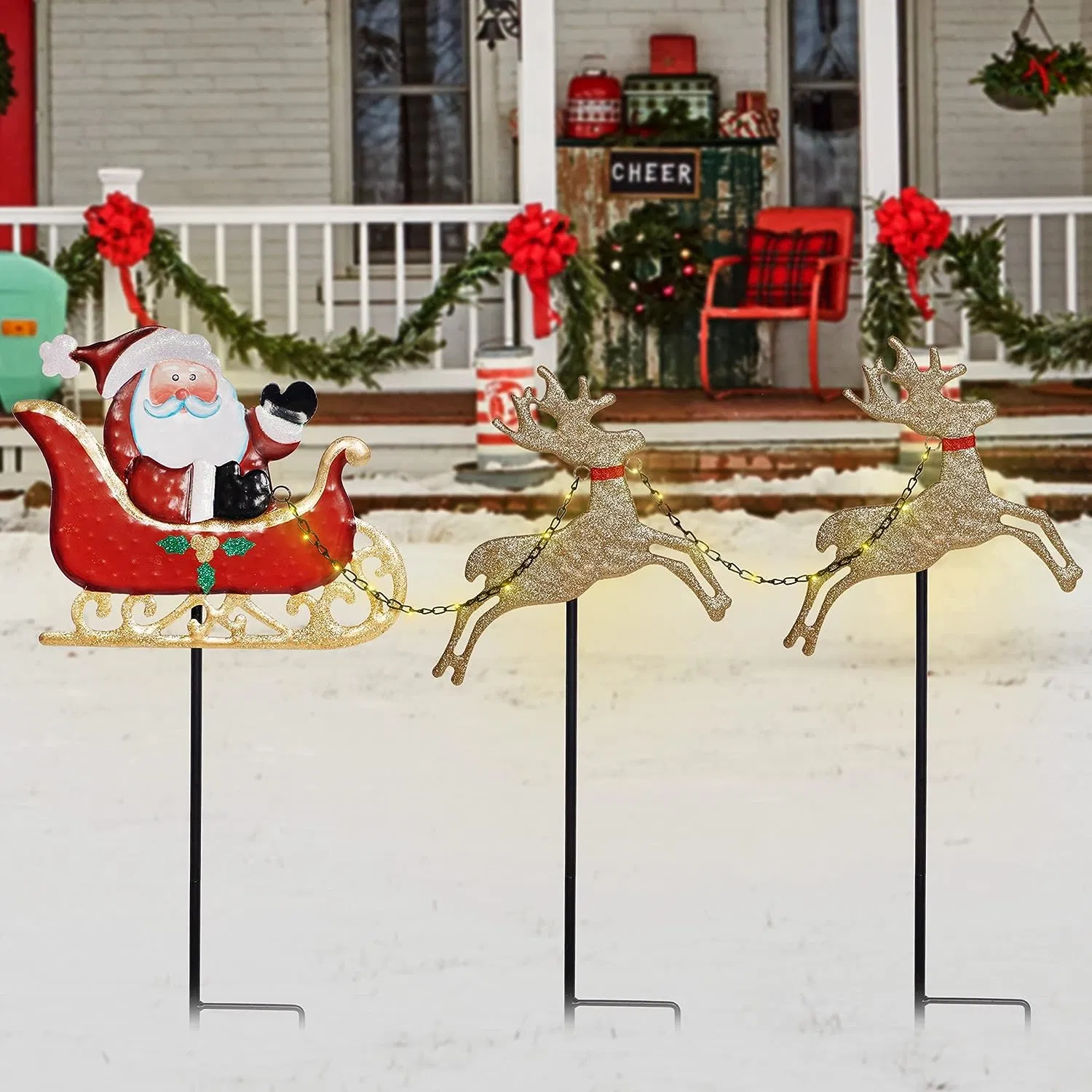 Christmas Garden Stake Decor, Metal Christmas Yard Stakes, Santa Claus Reindeer Christmas Outdoor Yard Lawn Ornaments Holiday Stake Decorations Gift