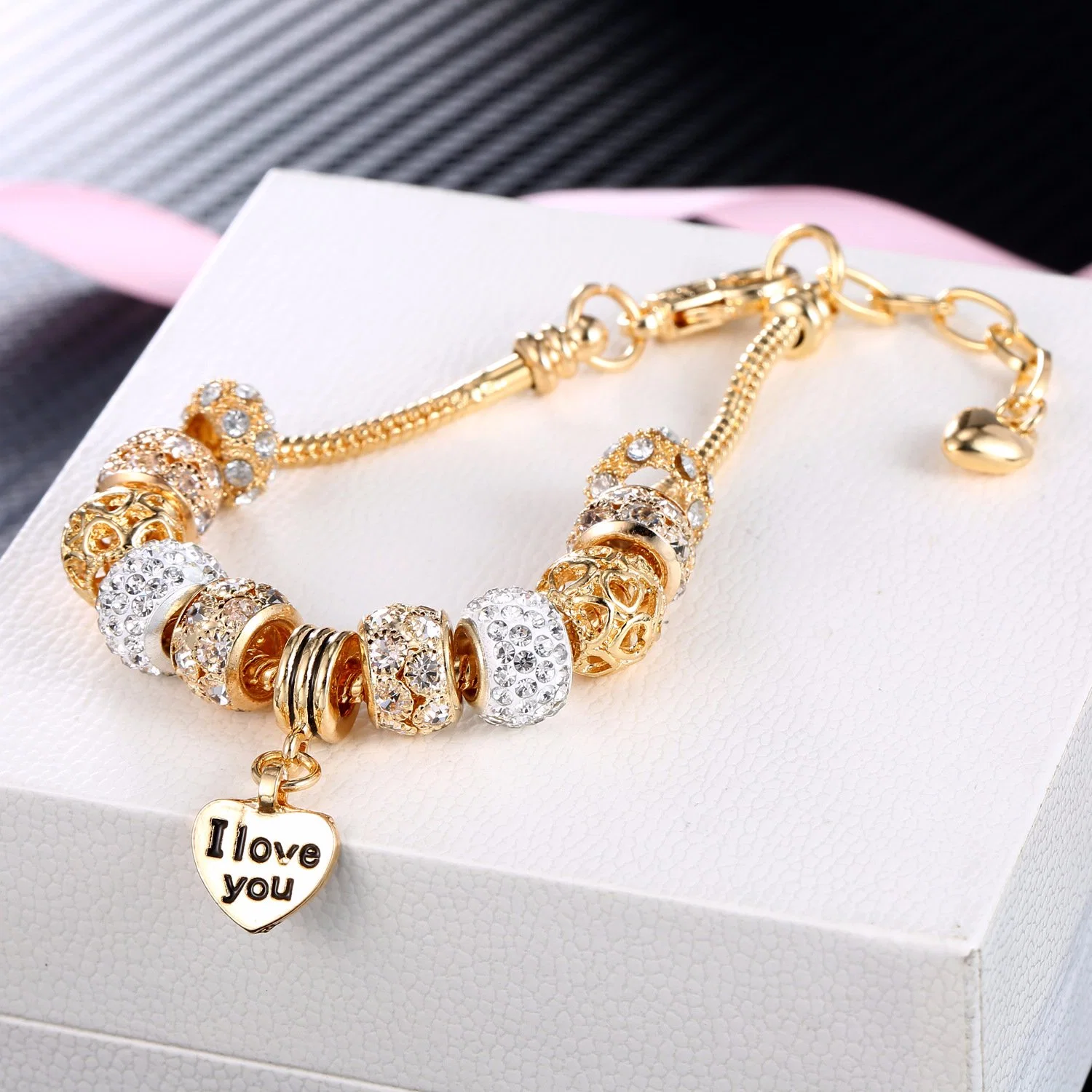 Bracelets Gold Plated Snake Chain Bracelets CZ Crystal Beads Charms Bracelets Heart Charm Bracelet with Extender Esg13591