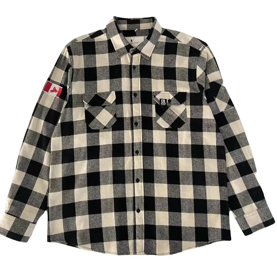 Spring Custom Personal Embroidery Classic White and Black Plaid Long Sleeve Shirt