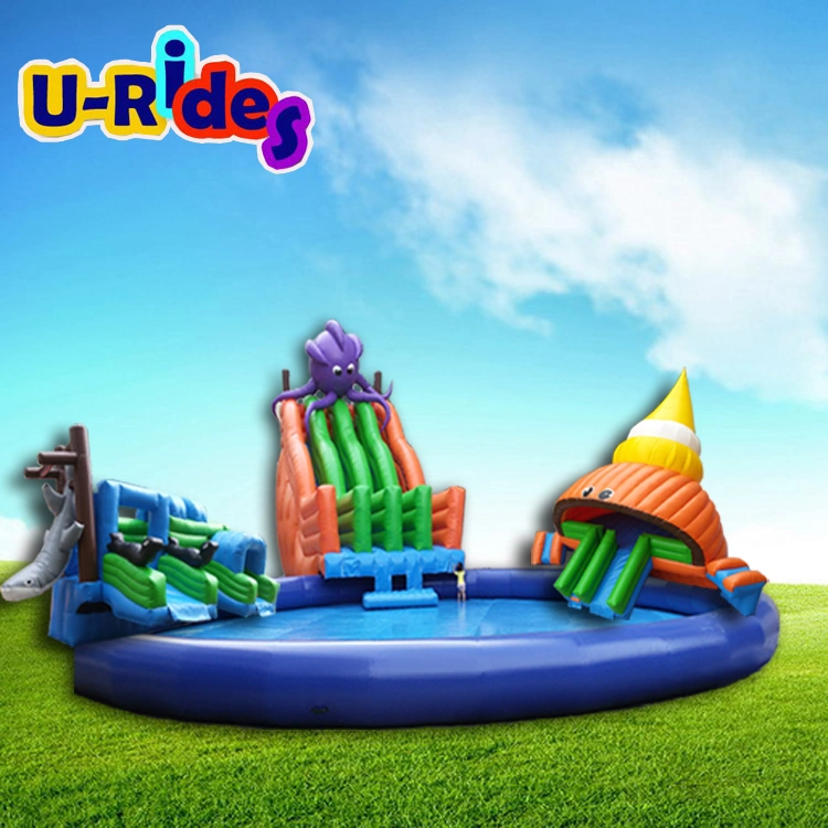 Juegos inflables gigantes Octopus y Shark Inflatable parque acuático móvil tobogán de agua para eventos