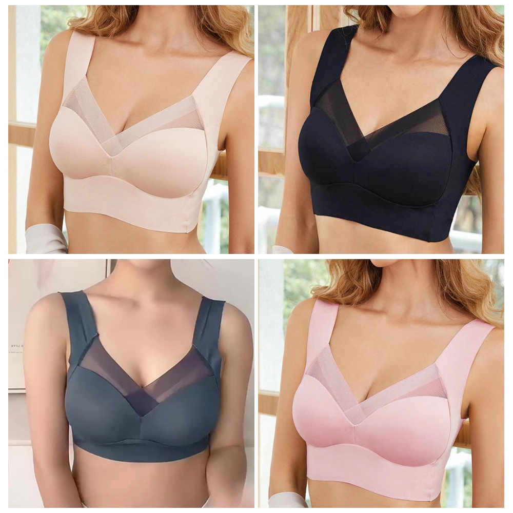 S-Shaper Wide Strap Mesh Stitching Bra Comfort Push up Wire Free Plus Size Bra Big Cup Vest-Style Underwear Big Chest Bra