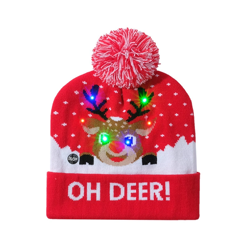 Christmas Hat LED Thermal Knitted Cap Xmas Holiday Hat with Reindeer